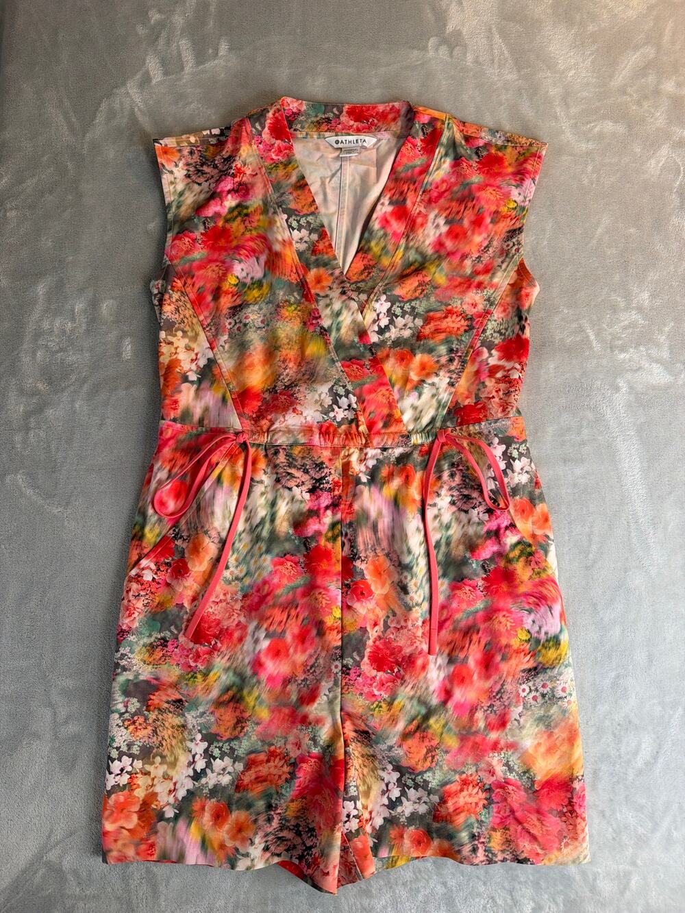Athleta Marlow Romper XXS Floral Watercolor Pink Orange V-Neck Summer Casual